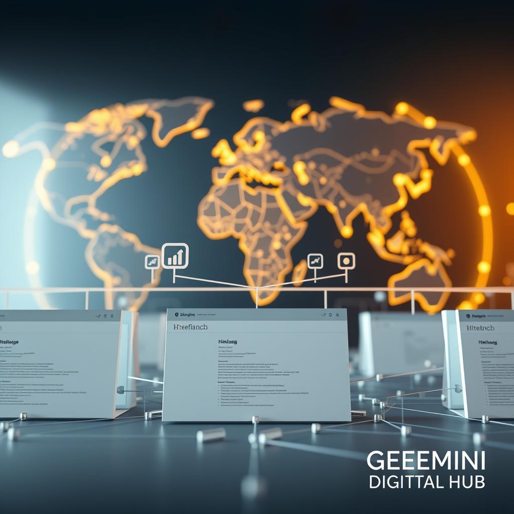 A clean, minimalist website structure against a backdrop of a global network, showcasing the GEMINI DIGITAL HUB brand. The foreground features a series of interconnected web pages, each representing a different language version, with subtle hreflang tags visible. The middle ground depicts server icons and data centers, symbolizing the technical infrastructure supporting multilingual SEO. In the background, a world map illuminates the international reach, with glowing lines connecting the various regions. The lighting is soft and warm, creating a sense of professionalism and expertise. The overall atmosphere conveys a comprehensive understanding of international SEO website architecture.