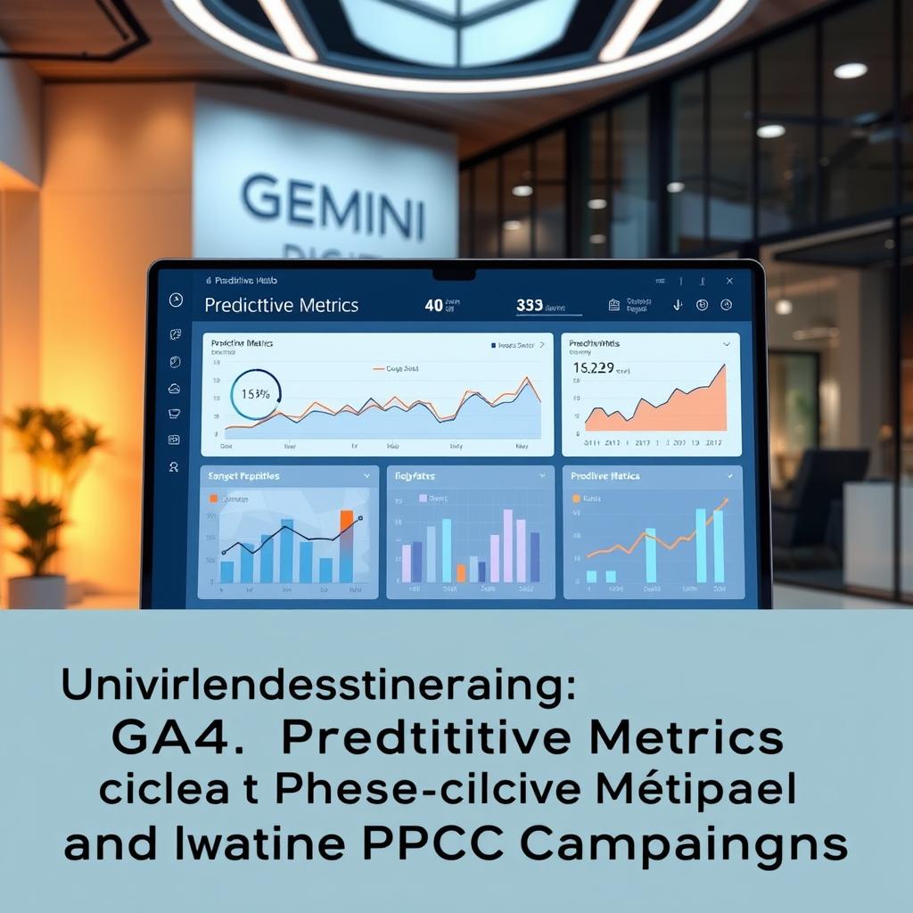 A sleek, data-driven GA4 predictive modeling dashboard, set against a modern, minimalist backdrop of the GEMINI DIGITAL HUB. The dashboard features clean, intuitive visualizations of key predictive metrics, allowing users to easily identify trends and opportunities for PPC optimization. Subtle lighting casts a warm glow, while a crisp, high-resolution rendering captures every nuanced detail. The overall atmosphere exudes a sense of analytical prowess and data-driven decision-making, perfectly suited to illustrate the section on "Understanding GA4 Predictive Metrics and Their Role in Modern PPC Campaigns".