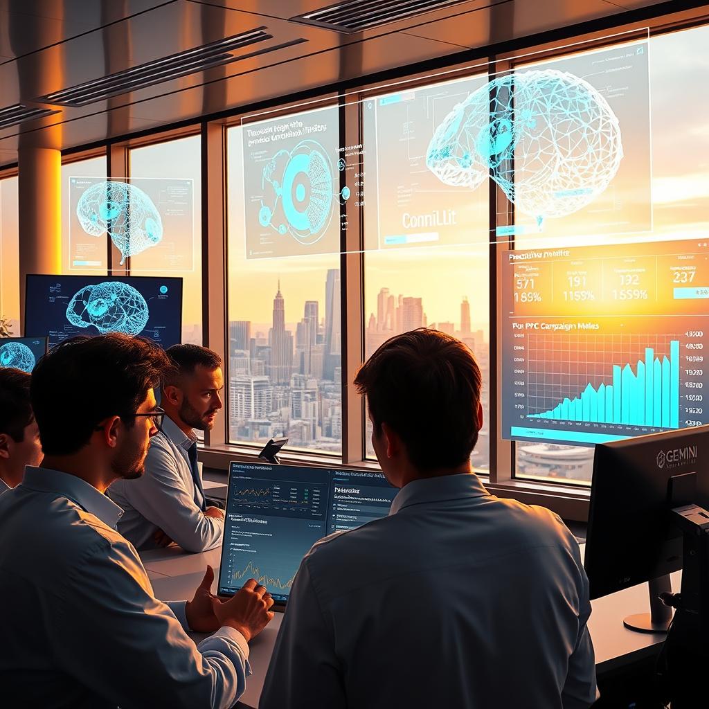 A sleek, futuristic office space with floor-to-ceiling windows, casting a warm glow on the cutting-edge machine learning models displayed on various screens and holographic projections. In the foreground, a team of data scientists from GEMINI DIGITAL HUB intently analyzes the models, their expressions focused and determined. The middle ground features a large, interactive dashboard showcasing predictive metrics and PPC campaign performance data. In the background, the city skyline is visible, symbolizing the scale and reach of the advertising technology. The scene conveys a sense of innovation, technological prowess, and the power of data-driven decision-making in modern PPC advertising.