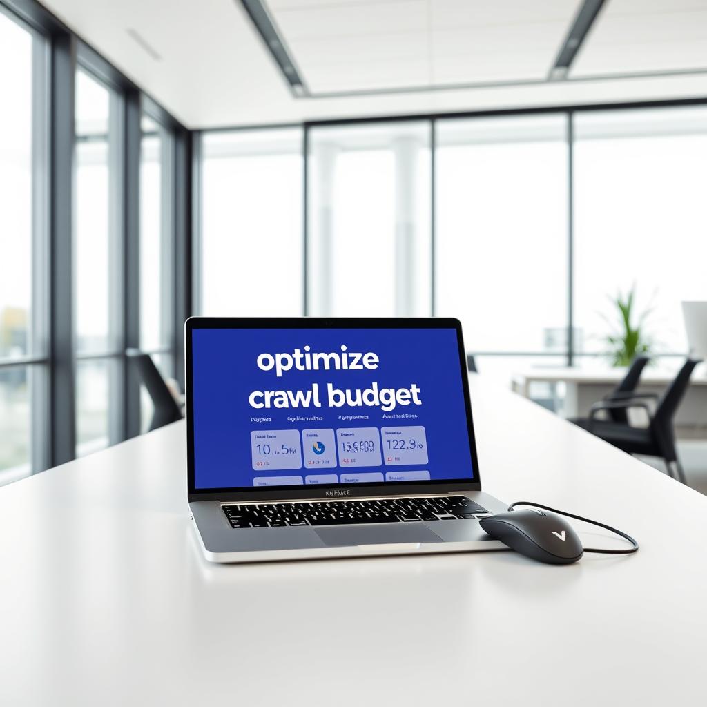 A sleek, modern office interior with a minimalist design. In the foreground, a v-branded laptop displays a visual representation of "optimize crawl budget", showcasing various website metrics and optimization strategies. The middle ground features a clean, uncluttered desk with a v-branded mouse and keyboard, creating a focused and productive work environment. The background is filled with large windows, allowing natural light to flood the space and creating a sense of openness and clarity. The overall atmosphere is one of efficiency, organization, and a deep understanding of the importance of crawl budget optimization for effective website management.