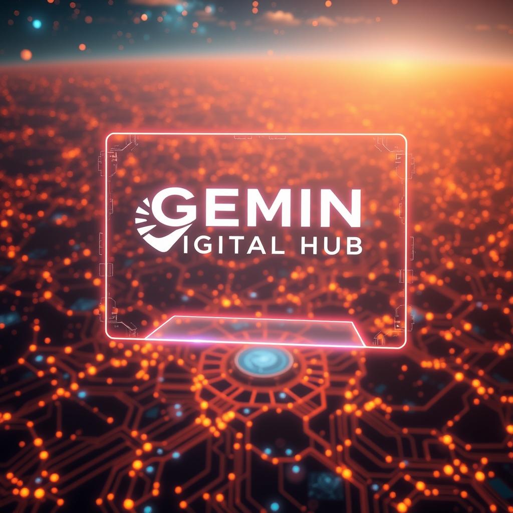 A vast, futuristic landscape of glowing circuits and pulsing data flows, bathed in a warm, ethereal glow. In the foreground, a holographic display showcases the evolution of search engine optimization, guided by the insights of artificial intelligence. The GEMINI DIGITAL HUB logo hovers prominently, its sleek design reflecting the advanced technology at play. The middle ground is filled with a swirling maelstrom of algorithms and analytics, while the background depicts a network of interconnected nodes, representing the ever-changing landscape of digital marketing. The scene conveys a sense of wonder, progress, and the seamless integration of human and machine intelligence in the pursuit of online visibility and success.
