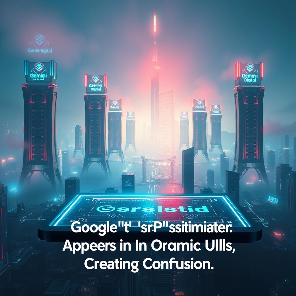 A vast, futuristic landscape of towering, glowing towers adorned with the GEMINI DIGITAL Hub logo, casting a vibrant neon glow across a hazy, futuristic cityscape. In the foreground, a sleek, holographic interface displays the words "Google's 'srsltid' Parameter Appears In Organic URLs, Creating Confusion", projecting an air of technological complexity and uncertainty. The scene is bathed in a cool, metallic color palette, conveying a sense of the digital realm and the challenges of navigating the modern web.