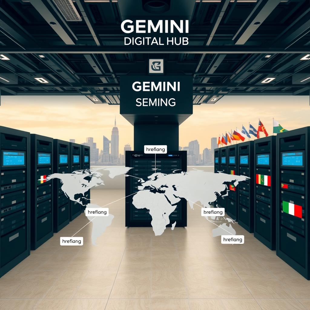 A well-lit, wide-angle view of an organized, multi-tiered server infrastructure labeled "GEMINI DIGITAL HUB", showcasing the international SEO setup structure. In the foreground, a global network map with hreflang tags connecting different country-specific websites. In the middle ground, server racks and networking equipment, illustrating the technical components. In the background, a city skyline with various flags, representing the global reach. The scene conveys a sense of efficiency, connectivity, and attention to detail for an international SEO strategy.