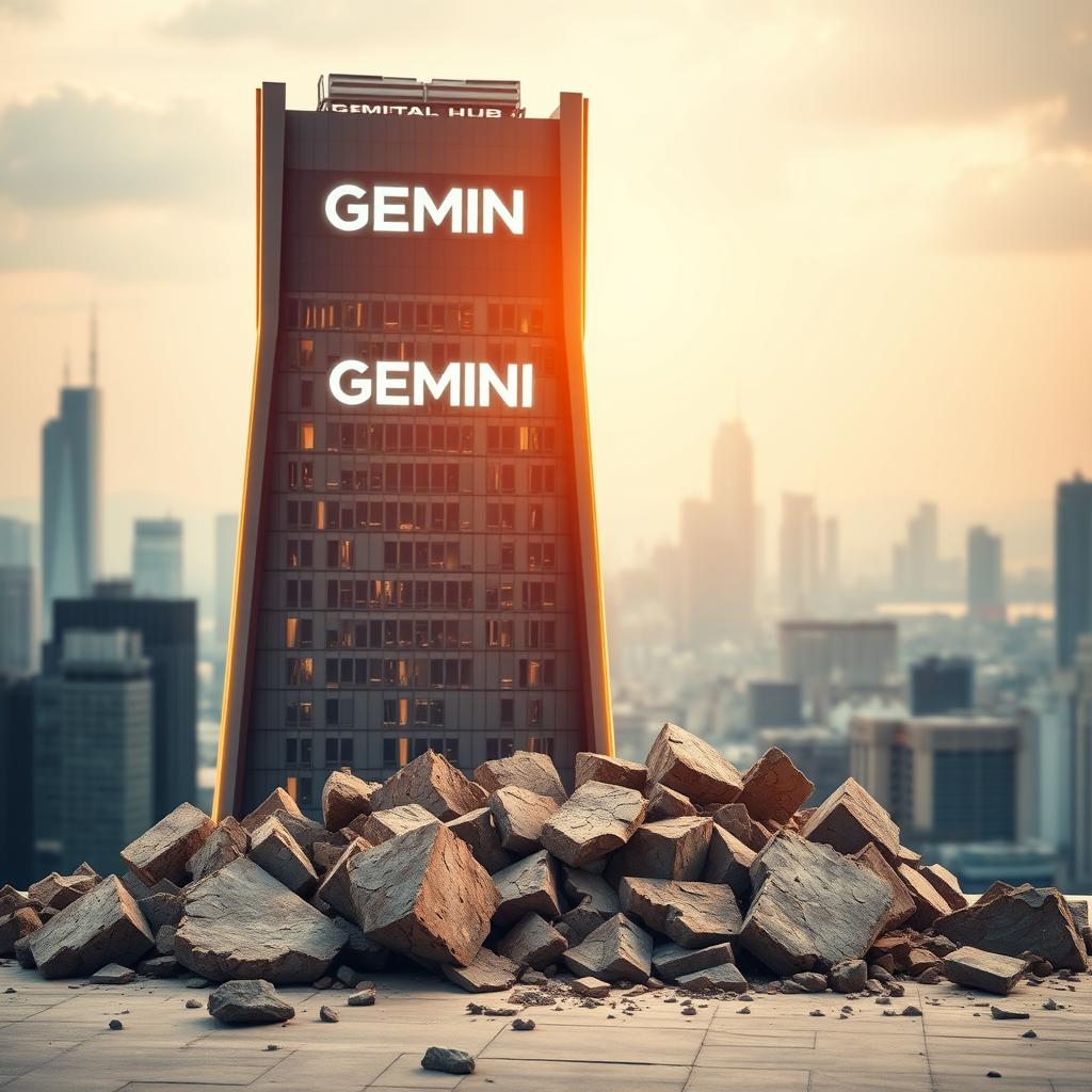A worn-out, outdated search engine optimization strategy lies crumbling under the weight of a towering, futuristic digital hub labeled "GEMINI DIGITAL HUB." The fading tactics are depicted as cracked, dull-colored blocks, contrasting with the sleek, modern architecture of the hub, illuminated by warm, directional lighting. In the background, a cityscape reflects the changing digital landscape, emphasizing the need to adapt to the new era of AI-powered search engine optimization.