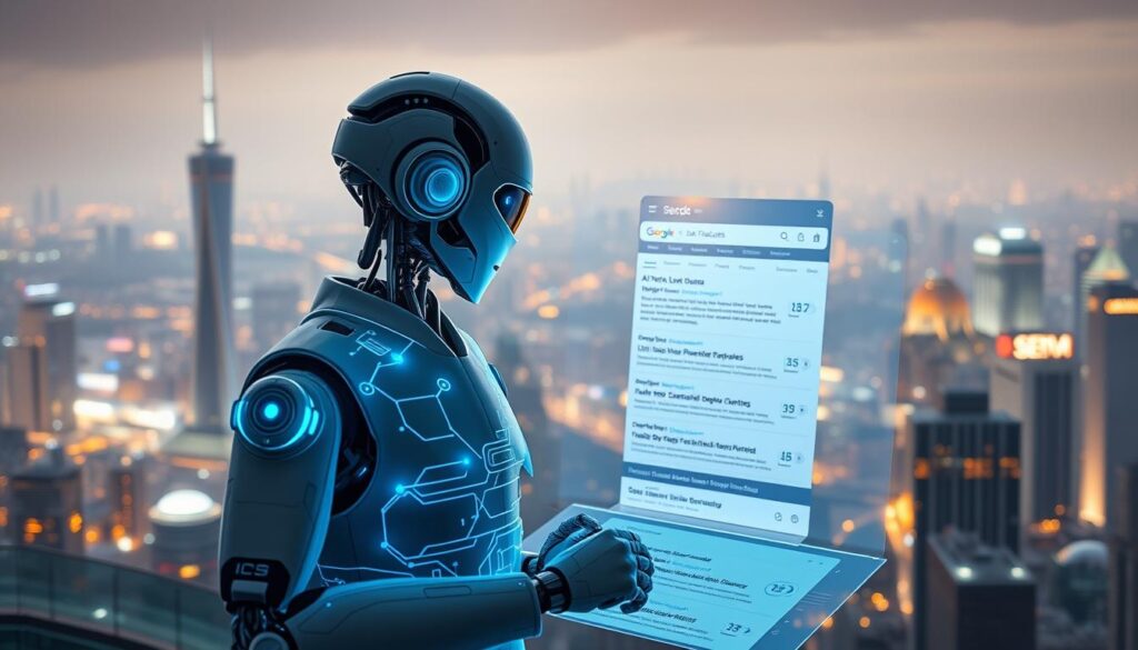 A futuristic scene depicting the integration of AI in SEO. In the foreground, an android analyst manipulates a holographic dashboard, analyzing data and devising optimization strategies. The middle ground features a search engine results page, with snippets and SERP features generated by AI algorithms. In the background, a vast cityscape of towering skyscrapers and glowing neon lights symbolizes the scale and complexity of the modern digital landscape. Soft, diffused lighting creates an ethereal, almost dreamlike atmosphere, hinting at the transformative potential of AI in revolutionizing search engine marketing.