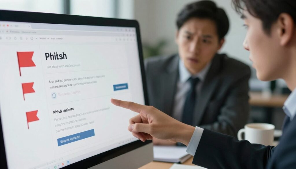 A close-up view of a computer screen displaying a phishing email, set in a modern office environment. In the foreground, the screen is cluttered with red flags, like suspicious links, urgent language, and sender’s email address mismatches. The middle ground features a professional in business attire, looking concerned while pointing at the email on the screen. Soft, natural lighting illuminates the workspace, creating a serious and focused atmosphere. In the background, blurred office elements like a desk, a coffee mug, and a stack of documents hint at daily work life. A subtle shadow cast from the monitor adds depth to the scene, emphasizing the urgency of spotting phishing attempts at a glance.