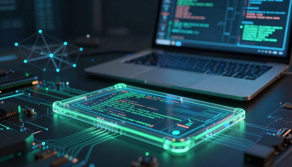 A close-up view of a futuristic React2 shell interface, central focus on a sleek, transparent console glowing with green and blue hues, displaying complex code snippets and system vulnerabilities. In the foreground, detailed digital components and circuit patterns create a layered effect. The middle ground shows a stylized laptop with illuminated keys, projecting a sense of modern technology. In the background, an abstract digital landscape of interconnected network nodes and data streams creates a sense of urgency and threat. The lighting is dim but highlights the console's glowing interface, evoking a mood of tension and intrigue. The angle is slightly tilted, enhancing the dramatic perspective. No captions or watermarks included.