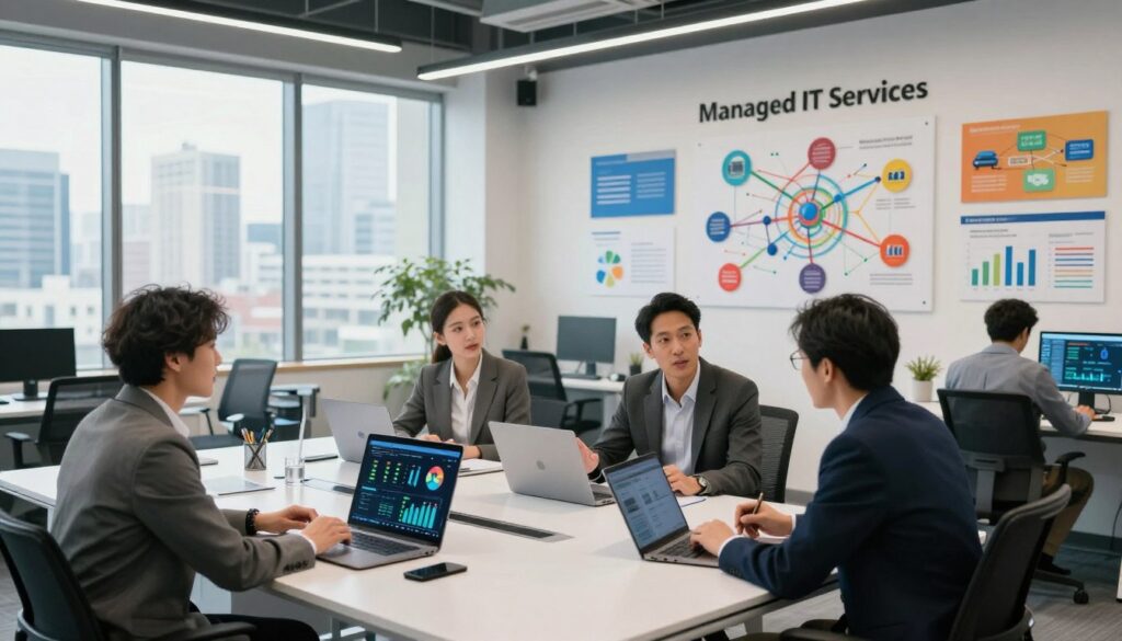 A contemporary office environment showcasing managed IT services. In the foreground, a diverse group of three professionals—two men and one woman—dressed in smart business attire, are engaged in an animated discussion around a sleek, modern conference table. They are surrounded by high-tech devices, such as laptops and digital dashboards displaying data analytics. In the middle ground, various colorful infographics and network diagrams adorn the walls, highlighting the complexities of IT management. The background features a panoramic window revealing a bustling cityscape under soft, natural lighting. The atmosphere is collaborative and innovative, emphasizing teamwork and forward-thinking in technology. Use a wide-angle lens to capture the dynamic, engaging scene.