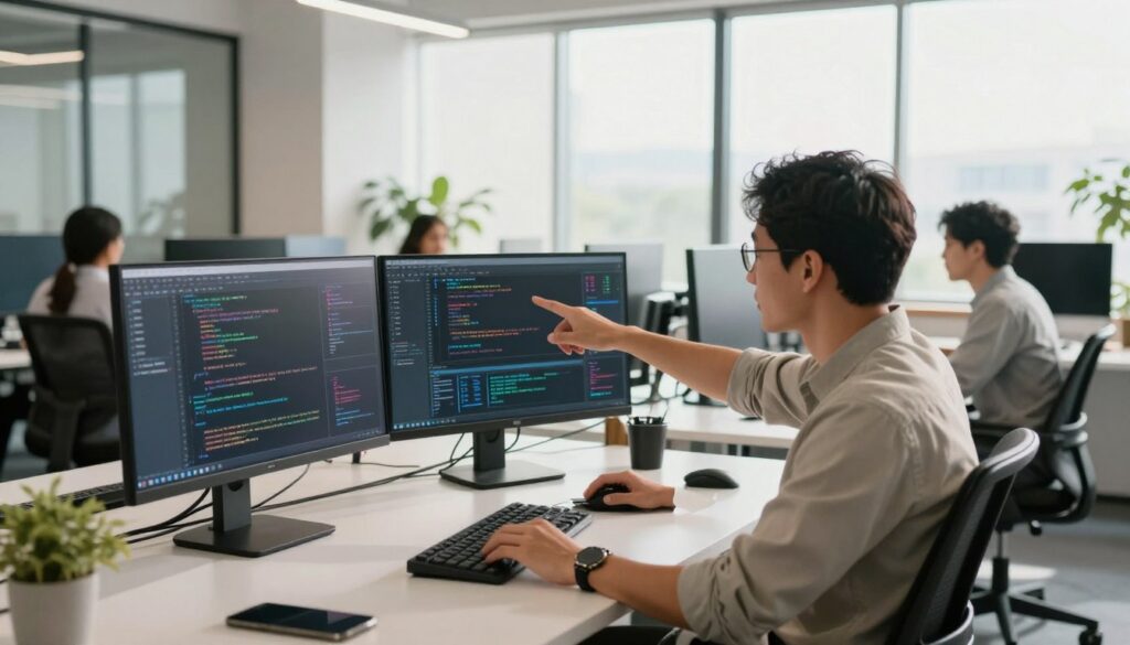 A creative workspace featuring a team of diverse software developers collaboratively working on custom software solutions. In the foreground, a male developer in smart casual attire is pointing at a digital dashboard filled with charts and analytics on a large screen. In the middle ground, a woman with glasses sits at a sleek desk with dual monitors, engaging with code and debugging software. In the background, a modern office space with flowing natural light streaming through large windows, creating a bright and inspiring atmosphere. The scene conveys a sense of teamwork and innovation with a clean, professional feel. The lighting is bright yet warm, emphasizing a dynamic yet comfortable working environment, with a slight depth of field to focus on the team’s interaction.