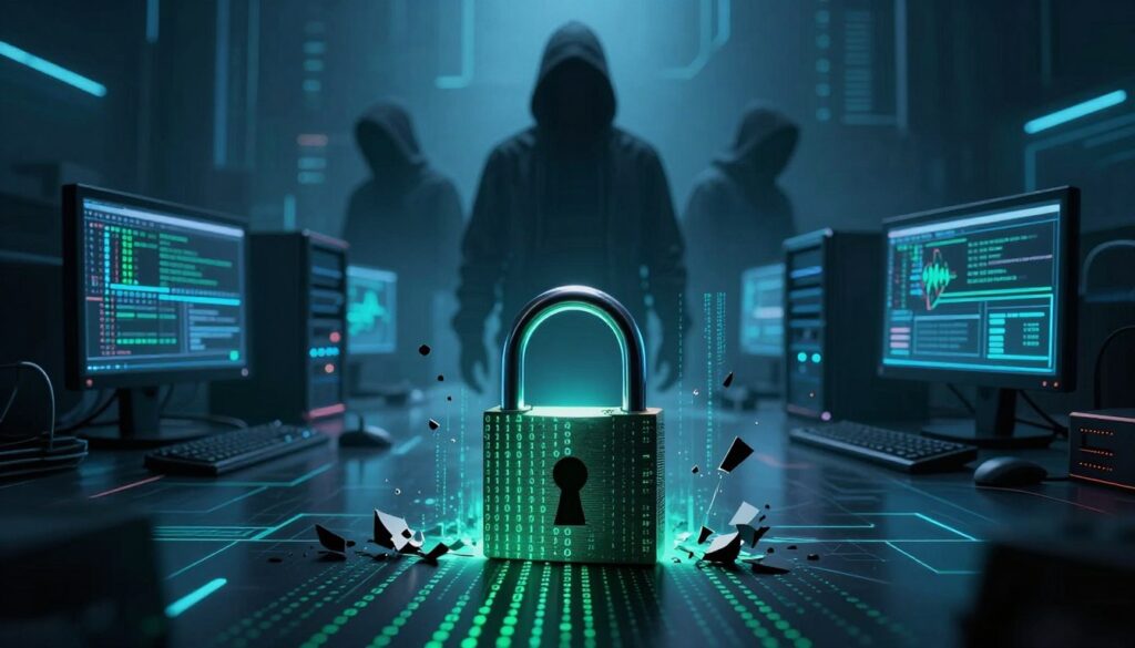 A dark, cyber-themed landscape showcasing the ransomware threat landscape. In the foreground, a digital lock breaking open, revealing streams of binary code and ominous shadows. The middle ground features a network of interconnected servers and computers with glowing screens, illustrating vulnerability. In the background, looming figures of shadowy hackers, obscured in digital haze, symbolize the unseen threats. The atmosphere is tense and foreboding, with cool blue and green lighting creating a sense of urgency. A perspective from a low angle accentuates the dominance of the ransomware threat, with soft focus on the edges to draw attention to the focal points. No human figures present; the focus is on the technological aspects.