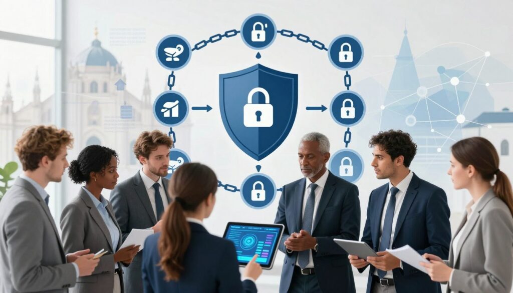 A detailed and professional illustration representing supply chain security in the context of governance, standards, and compliance in Italy. In the foreground, a diverse group of business professionals in professional attire are engaged in a discussion around a digital tablet displaying security metrics. The middle ground features a shield symbolizing cybersecurity, surrounded by interconnected chains representing supply chains. In the background, iconic Italian architecture subtly blends with modern technology elements, such as data networks and digital locks. The lighting is bright yet soft, conveying a sense of clarity and focus, while a balanced angle highlights both the human interaction and the technological aspects, creating a collaborative and secure atmosphere.