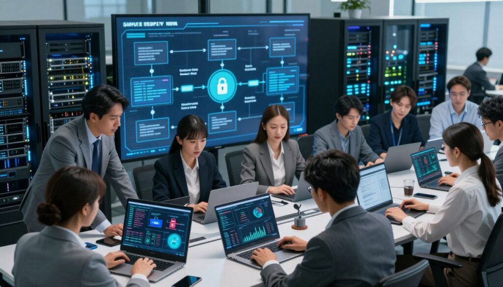 A detailed and professional office setting representing software supply chain security. In the foreground, a diverse team of business professionals in smart attire, collaborating over laptops and digital devices, analyzing complex graphs on screens. The middle layer features a large digital display showcasing a dynamic flowchart of software supply chain processes, highlighting security checkpoints and potential vulnerabilities. In the background, rows of servers and network infrastructure with glowing LED lights, symbolizing the technological aspect of operations. Utilize a bright, well-lit atmosphere with a modern aesthetic, accentuating a sense of urgency and focus. Capture a slightly angled perspective from above, emphasizing the interaction among team members as they work to anticipate and mitigate cyber threats in their software supply chain.