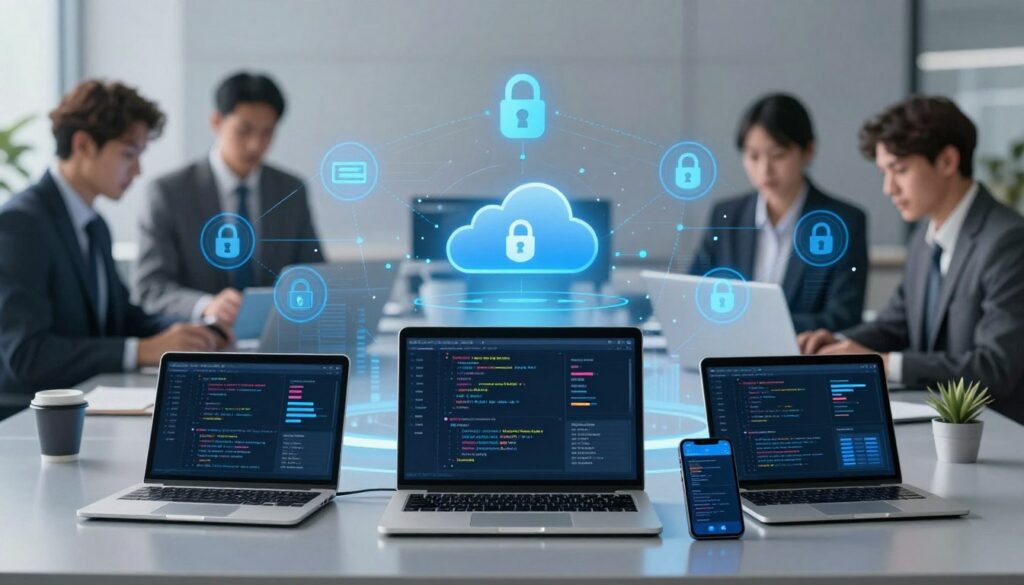 A detailed digital illustration of a tech stack for SaaS product development, featuring a sleek, modern workspace. In the foreground, various tech devices like laptops, tablets, and smartphones displaying code and performance metrics. The middle layer showcases a digital chart with cloud services icons and security symbols, emphasizing performance and security. The background includes blurred silhouettes of professionals in business attire deeply focused on their tasks, hinting at a collaborative environment. Soft, cool lighting casts a professional atmosphere, enhancing the tech-centric theme. The overall mood is dynamic and forward-thinking, symbolizing innovation and efficiency in technology.