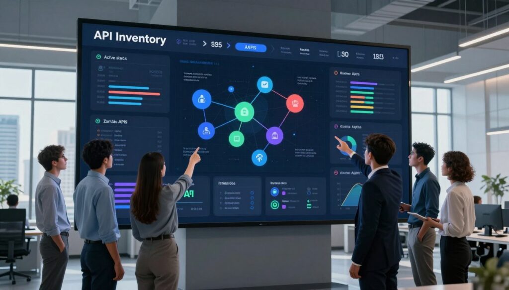 A detailed illustration of an API inventory dashboard displayed on a large, futuristic screen in a modern office setting. In the foreground, a diverse group of IT professionals, dressed in smart business attire, actively collaborate around the screen, pointing and discussing the various elements displayed, such as data graphs, API metrics, and real-time alerts. The middle layer features the dashboard with colorful visual indicators, interconnected nodes representing APIs, and sections showing active status versus inactive or "zombie" APIs. The background displays a sleek, minimalist office with soft, ambient lighting enhancing a focused atmosphere. A panoramic window provides a glimpse of a bustling cityscape, creating a sense of innovation and security in technology. The overall mood is dynamic, professional, and forward-thinking, emphasizing the importance of API inventory management.
