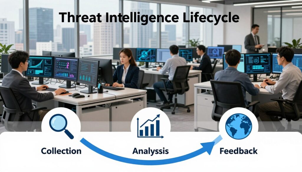 A diagrammatic representation of the "Threat Intelligence Lifecycle," focusing on the distinct phases: collection, processing, analysis, dissemination, and feedback. In the foreground, icons representing each phase, such as a magnifying glass for collection, a data chart for processing, and a globe for dissemination, connected with arrows flowing in a circular pattern. The middle layer features a professional-looking workspace filled with monitors displaying cybersecurity metrics, analysts in business attire engaging in discussions, and data visualization screens. The background presents a modern office setting with a city skyline visible through large windows, bathed in natural light, creating a tech-savvy, professional atmosphere. The composition conveys clarity, organization, and a sense of progression in intelligence gathering and utilization.