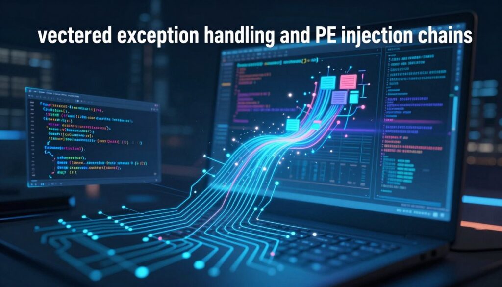 A digital artwork capturing the concept of "vectored exception handling and PE injection chains." In the foreground, display intricate visual elements representing code snippets and circuit-like pathways intertwining, symbolizing advanced software manipulation techniques. In the middle, depict abstract representations of a computer screen showcasing vibrant, flowing data streams that transition into blocks suggesting the injection of processes. The background should feature a blurred, darkened environment filled with faint outlines of a cityscape, creating a sense of digital depth. Illuminate the scene with cool, blue-toned lighting to evoke a high-tech atmosphere, and use a slightly angled perspective to enhance the dynamic feel of the image, suggesting energy and movement in the realm of cybersecurity.