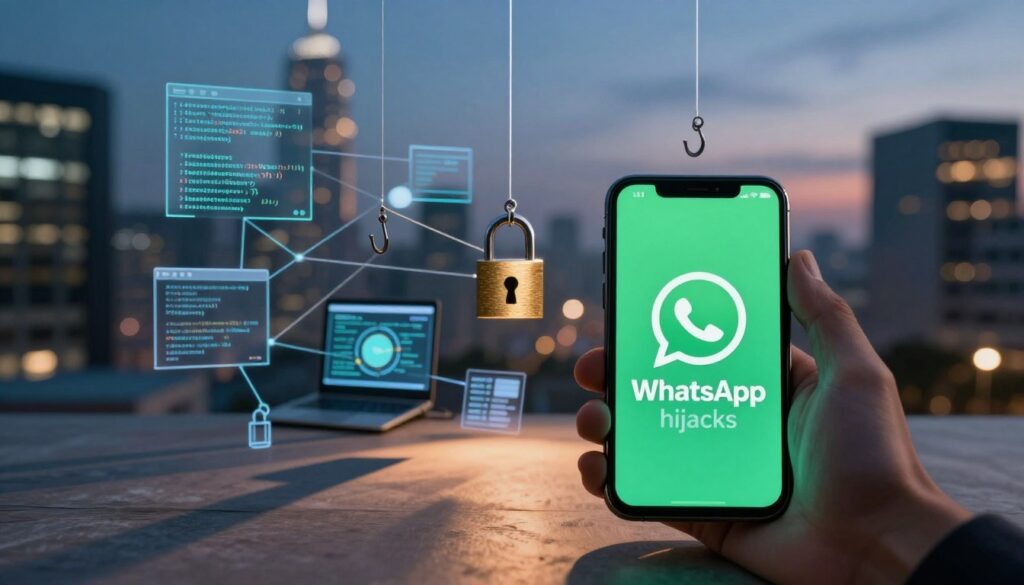 A digital collage illustrating "WhatsApp hijacks" in a modern, professional setting. In the foreground, a smartphone displays the WhatsApp logo, surrounded by subtle visual cues like hooks and fishing lines symbolizing clever social engineering tactics. The middle ground features abstract representations of security vulnerabilities, with computer code and padlocks blending into a network of interconnected devices. The background is a blurred cityscape at dusk, with soft, ambient lighting casting long shadows, creating a sense of surveillance and unease. The atmosphere is tense, reflecting the gravity of digital security threats. The image is rendered in a realistic style with vibrant colors to highlight the urgency of the topic, using a cinematic camera angle that draws the viewer's attention to the smartphone in the foreground.