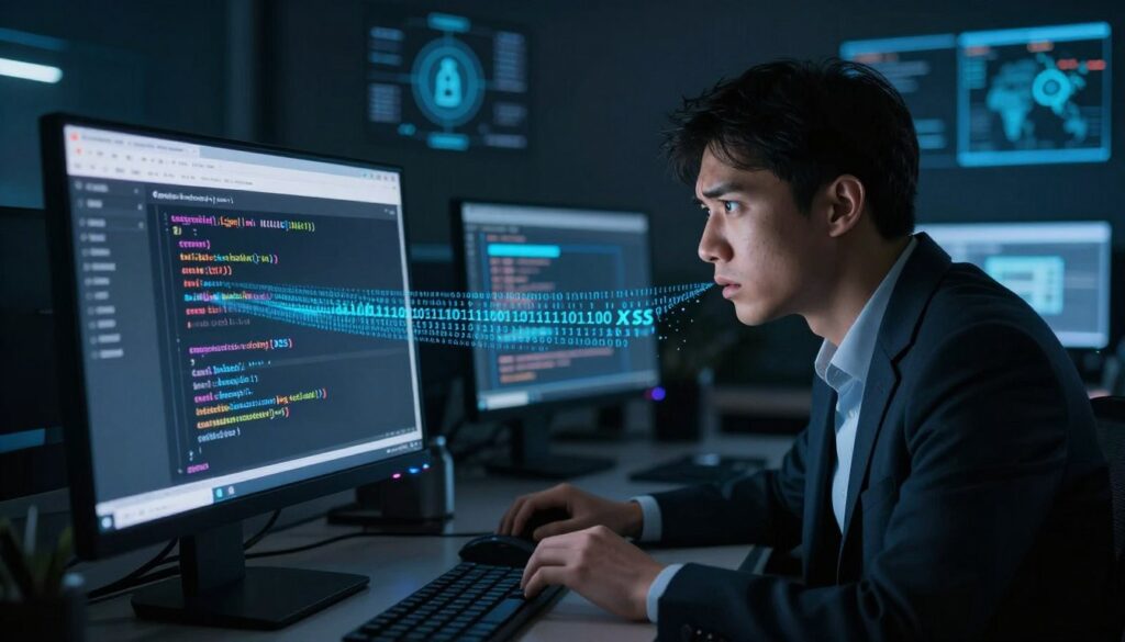 A digital illustration of a cybersecurity concept depicting cross-site scripting (XSS) as a modern threat to web applications. In the foreground, a computer screen displays a manipulated web page with visible code snippets, highlighting vulnerabilities. A stream of binary code flows from the screen, symbolizing the attack vector. The middle ground showcases a developer in professional attire, analyzing the screen with a concerned expression, as if deciphering the threat. The background features a darkened office environment with glowing monitors and digital security maps, creating a tense atmosphere. The lighting is focused, casting shadows to emphasize the seriousness of the issue, while a shallow depth of field brings attention to the foreground elements. The overall mood conveys urgency and the need for vigilance in web security.