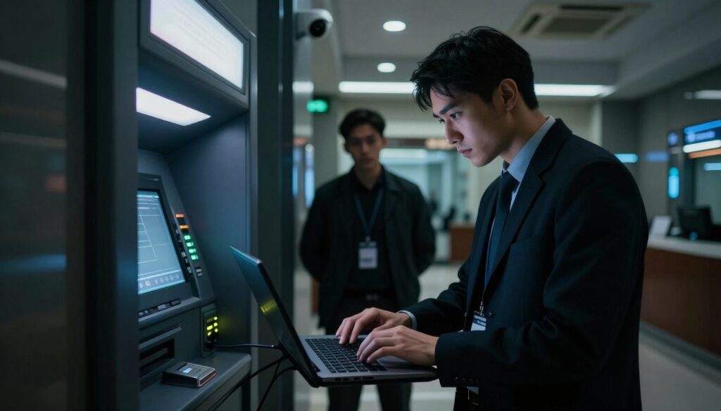 A dimly-lit, high-tech bank interior, showcasing an ATM being tampered with in the foreground. A technician in professional attire is using a laptop, a focused expression on their face while connecting a device to the side of the ATM, visible LEDs glowing faintly. In the middle ground, a second figure is keeping watch, scanning the environment with a vigilant look. The background features a modern bank layout with security cameras and illuminated signage, casting subtle reflections on polished surfaces. The atmosphere is tense and clandestine, highlighted by the stark contrast of shadows and strategic spotlights focused on the ATM. The camera angle is slightly low, creating a sense of depth, drawing attention to the intricate details of the ATM and the actions of the individuals involved.