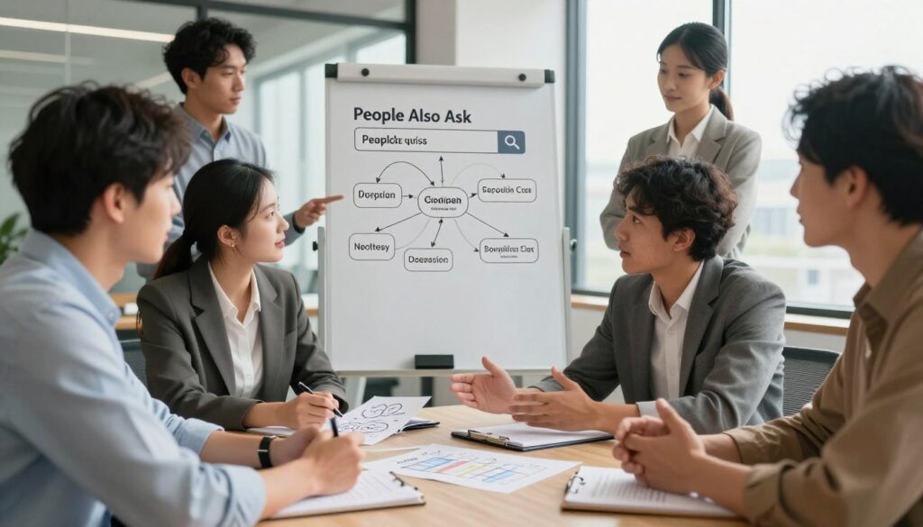 A diverse group of professionals engaged in a collaborative discussion about search queries, focusing on "People Also Ask" and related search topics. In the foreground, two individuals—one male and one female—exchange ideas, surrounded by notepads with scribbled ideas and charts. In the middle, a whiteboard displays mind maps and keywords connecting various concepts. The background features a modern office setting, with large windows allowing natural light to illuminate the scene. Soft shadows add depth, and a warm, inviting atmosphere encourages creativity and teamwork. The professionals are dressed in business attire, conveying a sense of focus and professionalism. The image should capture the essence of exploring topics beyond traditional keywords, embodying collaboration and knowledge sharing.