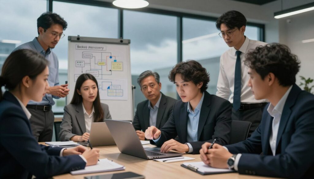 A diverse team of professionals engaged in a collaborative meeting during a crisis, illustrating operational continuity during an incident. In the foreground, two individuals are discussing strategies over a laptop, one pointing at the screen, while another takes notes on a tablet. The middle ground features a whiteboard with flowcharts and diagrams detailing backup and recovery plans, while a few team members are observing and contributing ideas. In the background, large windows show a cloudy sky, hinting at an external disaster. Soft, focused LED lighting highlights the team's faces, conveying determination and teamwork. The atmosphere is lively yet serious, showcasing the importance of effective communication and problem-solving in a professional business setting.