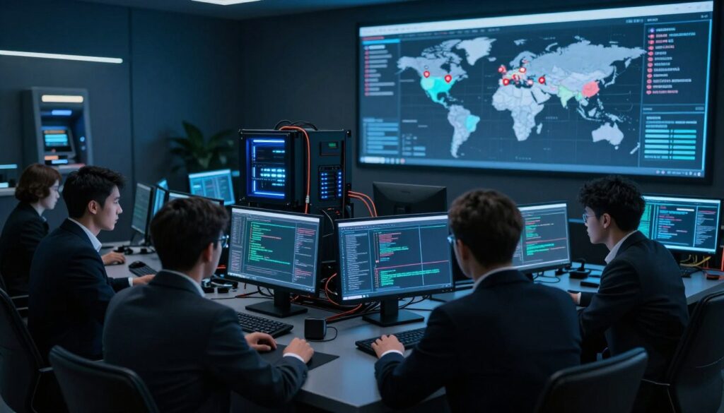 A dramatic scene depicting a high-tech control room where cybercriminals are orchestrating an ATM jackpotting operation linked to Tren Aragua. In the foreground, a group of four individuals in professional business attire, focused and intent, are analyzing data on multiple screens displaying dynamic graphs and code. The middle ground features sophisticated computer hardware, with glowing LED lights and cables, creating an intense atmosphere. In the background, a large wall-mounted screen shows a map with marked locations of fraudulent ATM attacks, emphasizing the global scope of the scheme. The lighting is dim, with a blue-toned glow from the screens casting shadows, enhancing the feeling of secrecy and intrigue. The image has a cinematic angle, drawing the viewer into the secretive world of cybercrime.