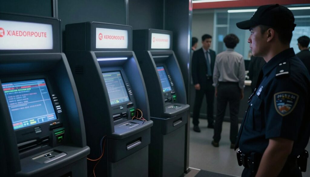 A dramatic scene inside a dimly lit bank ATM area, showcasing a cluster of high-tech ATMs with screens displaying error messages and warnings. In the foreground, a security guard in professional attire observes the situation, conveying alertness and vigilance. In the middle ground, one ATM is opening up to reveal internal wiring, suggesting tampering, while wires trail off toward an inconspicuous corner. The background is softly focused, depicting shadowy figures of individuals in business casual clothing, capturing the tension of a covert operation. The lighting is moody with harsh spotlights illuminating the ATMs, creating contrast against the darkness. The atmosphere is charged with intrigue and urgency, reflecting a high-stakes tech crime environment, emphasizing the seriousness of the ATM jackpotting scheme.