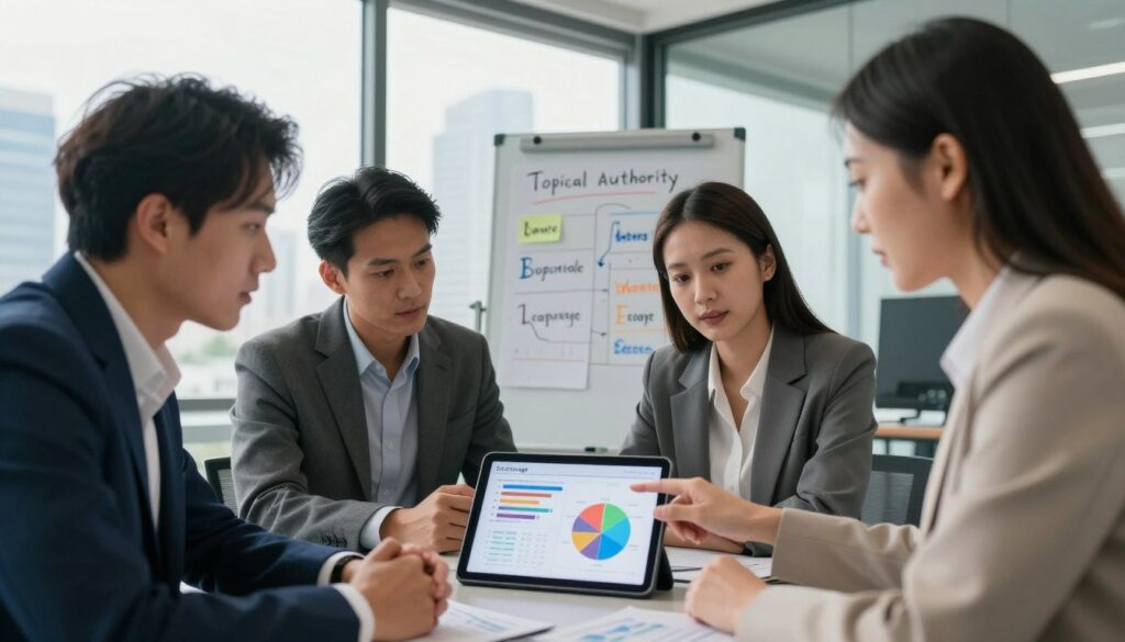 A dynamic business meeting scene set in a modern office with large glass windows, showcasing a skyline in the background. In the foreground, a diverse group of three professionals—two men and one woman—are analyzing colorful graphs and charts displayed on a digital tablet, representing topic coverage and engagement metrics. The woman, dressed in a smart blazer, points to the data, while the men, in tailored suits, nod in agreement. The middle layer features a whiteboard filled with notes and keywords related to SEO strategies, highlighting the theme of topical authority. Soft, natural light filters through the windows, creating a warm and productive atmosphere. The camera angle is slightly tilted to focus on the group's expressions of collaboration and insight, emphasizing a mood of determination and strategy in measuring impact.