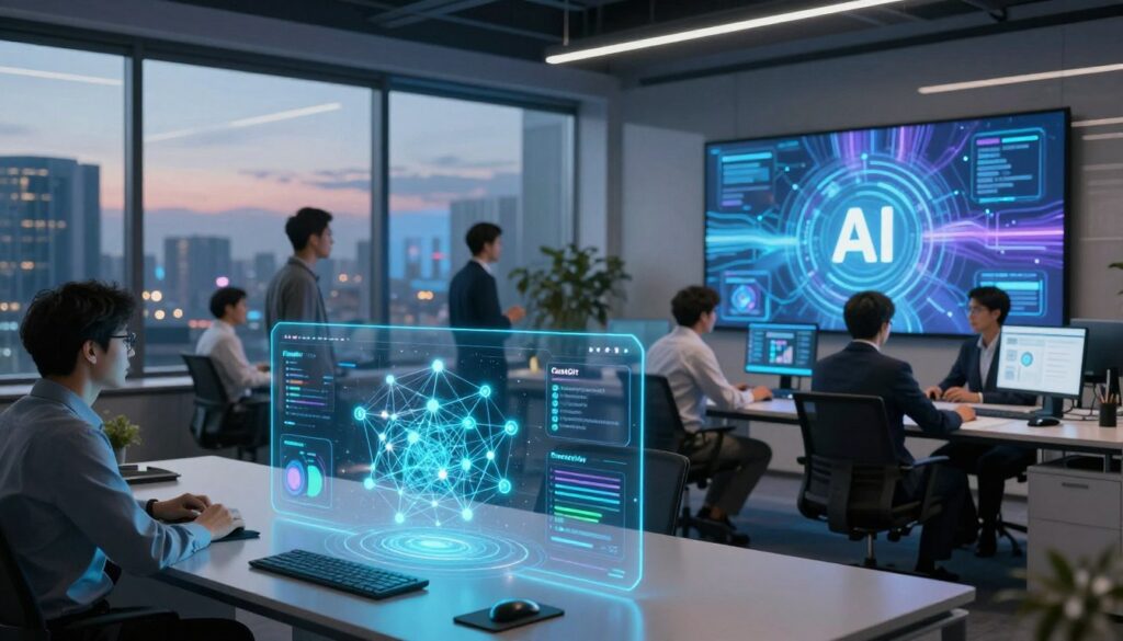 A dynamic digital workspace showcasing a futuristic platform for AI interaction. In the foreground, a sleek, holographic interface displays network connections and analytic metrics related to Perplexity, ChatGPT, and Gemini, illuminated in vibrant blues and greens. The middle ground features professionals in business attire, engaging with AI tools and discussing strategies, exuding collaboration and innovation. Behind them, a large screen presents abstract visuals symbolizing AI concepts, casting a soft, ambient light. The background consists of a modern office with glass walls, panoramic views of a city skyline under a twilight sky, enhancing a sense of progress and technology. The atmosphere is energetic and focused, highlighting the intersection of human expertise and AI capabilities.