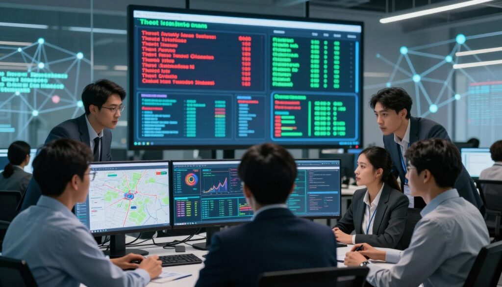 A dynamic office setting illustrating a cyber threat intelligence program in action. In the foreground, a diverse group of professionals in business attire is engaged in intense discussion, while analyzing digital data on multiple screens displaying maps, graphs, and security alerts. The middle ground features a large digital monitor showing real-time threat intelligence feeds, glowing with reds and greens, symbolizing imminent cyber threats. In the background, abstract representations of data flow and network connections create a sense of urgency and scale. The lighting is bright and focused, creating a high-tech atmosphere, with a slight blur on the edges to emphasize the urgency of the scene. The overall mood conveys a mixture of vigilance, determination, and collaboration in the face of cyber threats.