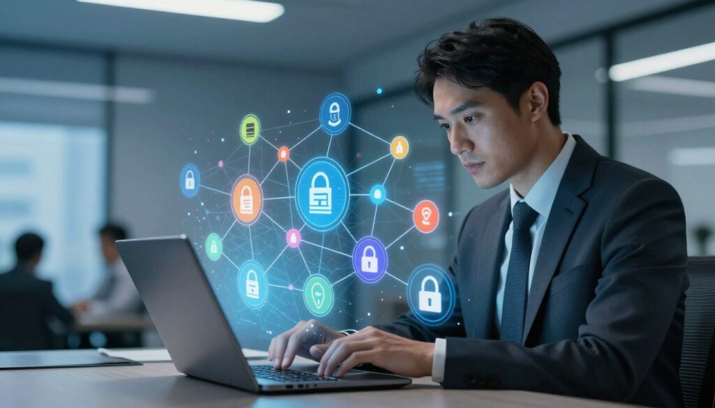 A dynamic risk assessment network visual, showcasing interconnected nodes representing cybersecurity elements. In the foreground, a professional in business attire analyzes data on a sleek laptop, surrounded by floating holographic icons of firewalls, encryption, and threat detection. The middle layer features a 3D network graph with colorful nodes and connections, symbolizing various cybersecurity risks, with some nodes highlighted to indicate priority areas. In the background, a modern office setup with soft blue lighting casts a cool, professional ambiance, enhancing the focus on the assessment process. The angle is slightly low, providing a sense of depth to the network. The overall mood is serious yet hopeful, reflecting a strategic approach to protecting small businesses from cyber threats.