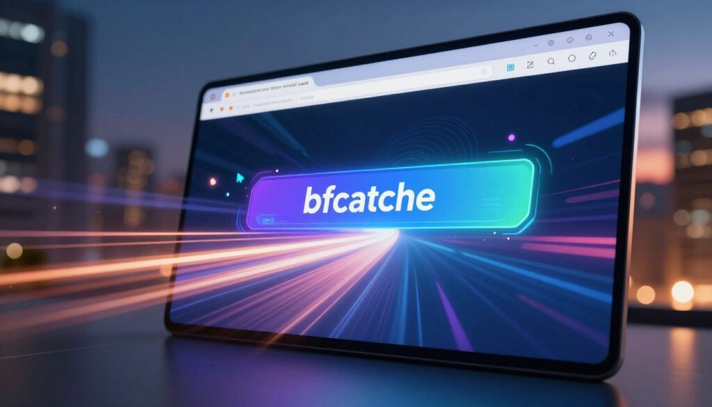 A futuristic browser interface showcasing the bfcache (back-forward cache) technology. In the foreground, display a high-tech computer screen glowing with vivid colors, displaying fast navigational transitions with smooth animations. In the middle ground, illustrate a sleek digital environment with elements symbolizing instant loading: swirling arrows and speed lines, emphasizing fast performance. The background features a blurred cityscape at twilight, with warm lighting reflecting innovation and progress. Use a low-angle perspective to create a sense of grandeur, highlighting the browser screen as the focal point. The atmosphere should evoke excitement and a sense of advancement in web technology, with crisp lighting and dynamic contrast, accentuating the speed and efficiency of bfcache.