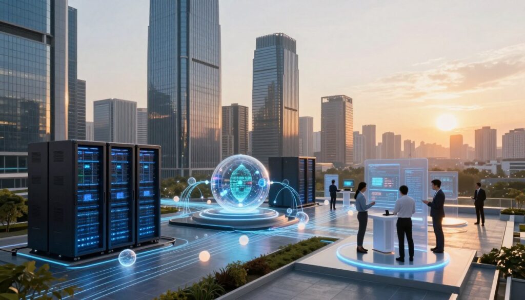 A futuristic cityscape showcasing scalable architectures, including sleek serverless computing centers and modern headless CMS structures. In the foreground, abstract representations of digital data flow with glowing lines and nodes symbolize composable systems. The middle ground features towering buildings with glass exteriors reflecting the sunlight, while professionals in business attire collaborate on digital interfaces. The background reveals a serene skyline with a sunset, casting warm golden hues across the scene. Soft, ambient lighting enhances the atmosphere, creating a sense of innovation and forward-thinking. The angle captures a panoramic view, emphasizing the grandeur of these advanced architectural designs and their connection to modern technology trends.