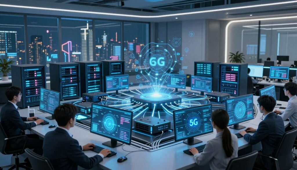 A futuristic cyber security operations center featuring advanced edge security technology. In the foreground, a professional in business attire monitors multiple holographic screens displaying data related to operational technology (OT), the Internet of Things (IoT), and 5G networks. The middle layer showcases intricate servers and edge devices connected through glowing data lines, representing real-time communication. The background consists of a sleek, modern office with large windows revealing a cityscape powered by smart infrastructure, highlighted by subtle neon lighting. The atmosphere is dynamic and focused, evoking a sense of vigilance and cutting-edge technology in action, captured with a wide-angle lens to emphasize the scale and complexity of the environment.