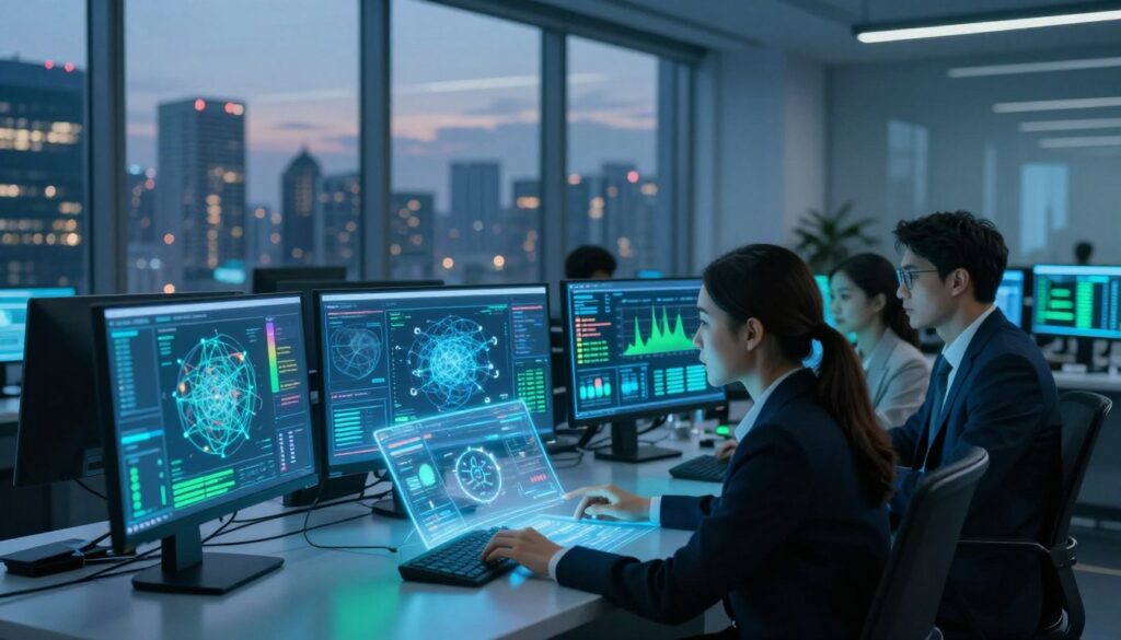 A futuristic cybersecurity operations center, glowing with blue and green LED lights. In the foreground, a diverse security team consisting of three professionals in smart business attire, collaborating over a holographic interface displaying complex data analytics and security metrics. The middle layer shows computer screens filled with network activity, potential threat alerts, and real-time monitoring graphs. In the background, floor-to-ceiling windows reveal a bustling cityscape at dusk, showcasing the intersection of technology and safety. Soft ambient lighting casts a feeling of focus and determination. The overall mood exudes confidence and innovation, emphasizing the benefits of AI in enhancing security strategies and team collaboration.