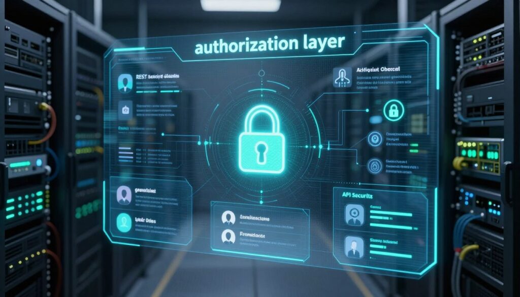 A futuristic digital interface representing an "authorization layer" in API security. In the foreground, there are sleek holographic displays showcasing user authentication elements like tokens, roles, and permissions. The middle layer features abstract representations of REST and GraphQL APIs, with secure access points depicted as glowing locks, symbols of trust and security. The background is a dark, softly lit data center environment with server racks and network connections, conveying a high-tech atmosphere. Use cool blue and green tones with sharp contrasting lights to evoke a sense of safety and advanced technology. The overall mood is professional and secure, emphasizing the importance of authorization in API security best practices.