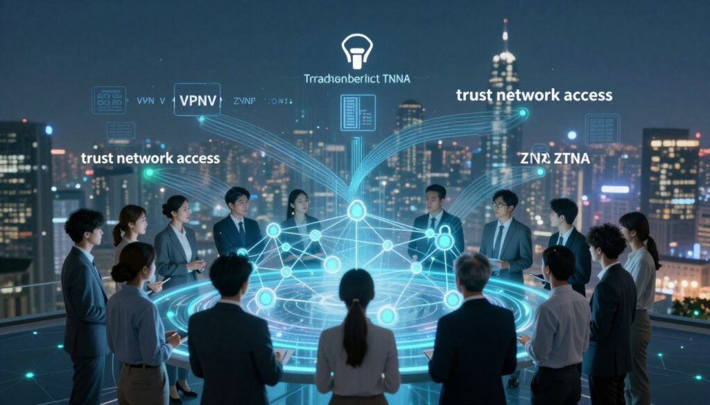 A futuristic digital landscape depicting a "trust network access" concept. In the foreground, a diverse group of professionals in business attire gathers around a glowing digital interface, analyzing a complex web of interconnected nodes symbolizing secure access. The middle ground features abstract representations of traditional VPNs transitioning into modern ZTNA, illustrated by streamlined, dynamic lines and data streams. The background showcases a high-tech city skyline with illuminated network connections, conveying a sense of innovation and progress. Soft blue and green lighting casts a calm, secure ambiance, while a slight lens flare adds an ethereal quality. The angle is slightly elevated, offering a wide view of the collaborative scene, inviting a feeling of teamwork and progress in securing network access.