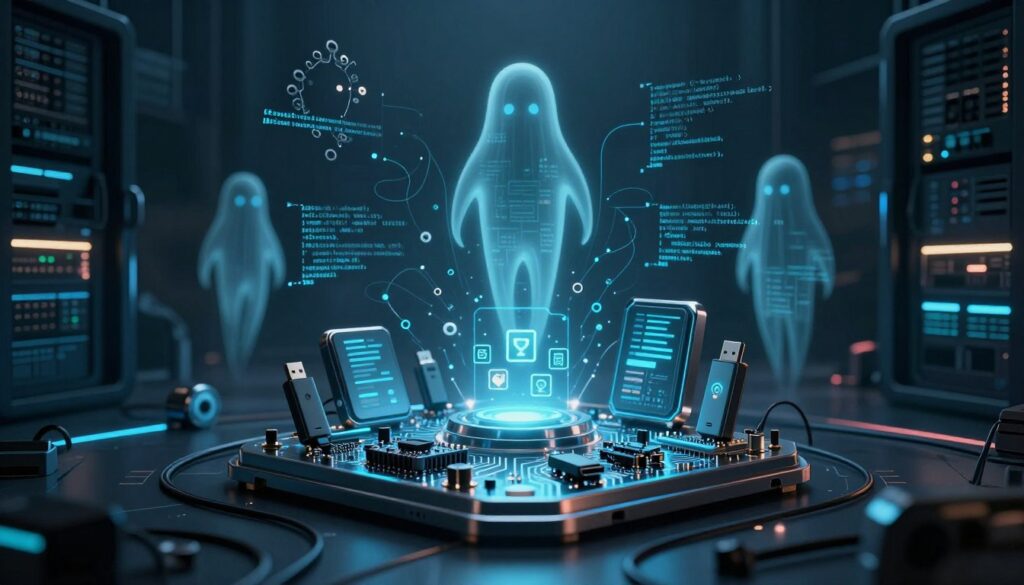 A futuristic digital landscape showcasing a complex toolkit representing malware families. In the foreground, a sleek, metallic toolset with various high-tech gadgets like circuit boards, USB drives, and software icons, illuminated by a soft blue glow. The middle ground features abstract representations of malware signatures, depicted as ghostly figures in varying shapes and sizes, weaving through lines of code. The background is a dark, ominous server room filled with blinking lights and shadows, enhancing the atmosphere of secrecy and threat. The lighting is dramatic, with a focus on the central toolset, creating a contrast that highlights the menacing nature of cyber threats. The overall mood is tense and mysterious, encapsulating the essence of malware evolution and its hidden dangers.