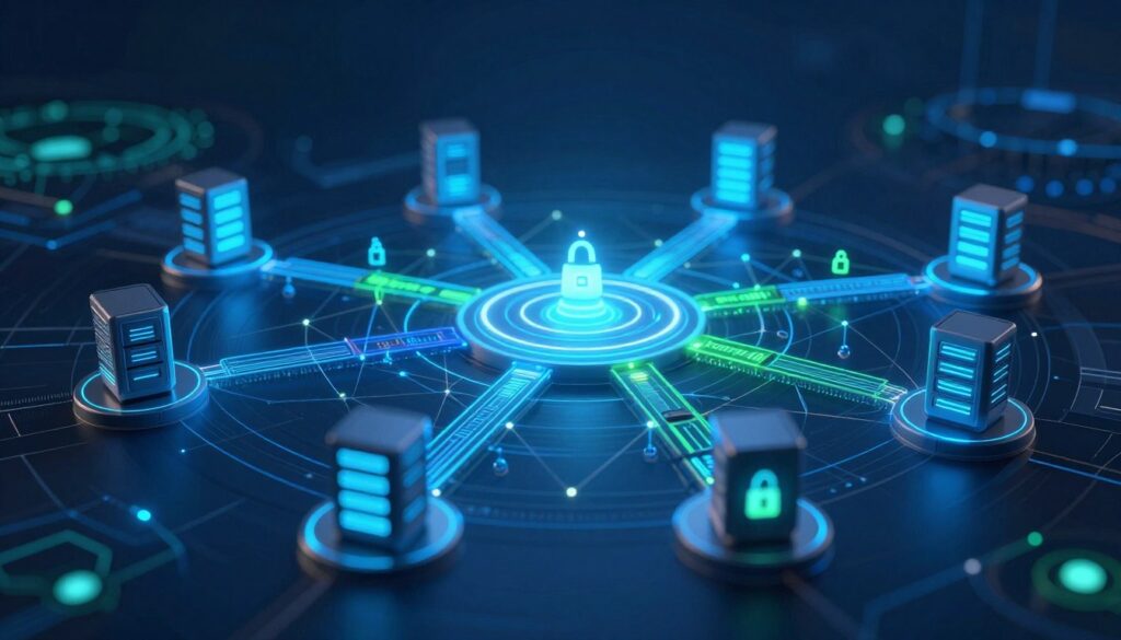 A futuristic microsegmentation network diagram, showcasing interconnected nodes and segmented pathways, emphasizing the principles of least privilege in action. Foreground features sleek, glowing server icons and secure access points, conveying a sense of cutting-edge technology. In the middle ground, a web of digital connections illustrates data flow and access controls, highlighted by bright blue and green lights. The background consists of an abstract digital landscape, with soft glowing lines and a gradient of dark blues and blacks, enhancing the network's complexity. The scene is well-lit with a high-tech ambiance, creating an atmosphere of security and innovation, captured from a slightly elevated angle for a comprehensive view.