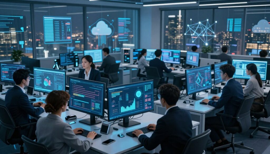A futuristic office environment showcasing Extended Detection and Response (XDR) systems. In the foreground, a diverse team of professionals in sleek business attire observes multiple holographic screens displaying complex data visualizations, cybersecurity alerts, and threat correlating graphs. The middle ground features high-tech workstations with glowing interfaces and advanced security hardware, all illuminated by soft, cool blue lighting. In the background, large windows reveal a city skyline with digital overlays of data streams, representing cloud and network information. The atmosphere is intense yet collaborative, highlighting the urgency and importance of cybersecurity in a modern enterprise setting. Capture this from a slightly elevated angle to emphasize the dynamic interactions among team members as they analyze vital information.