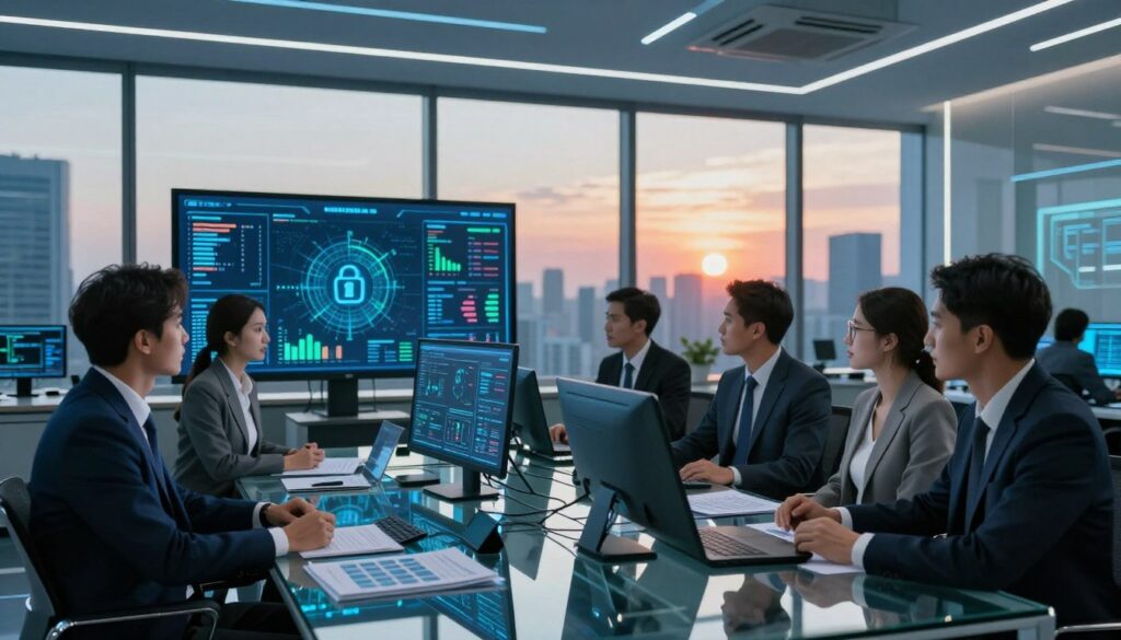A futuristic office setting focused on data safety and risk management. In the foreground, a diverse group of professionals in business attire, deeply engaged in analyzing large digital screens displaying graphs, charts, and security data. Their expressions convey concentration and diligence. The middle ground features sleek, modern furniture and a large glass table filled with data reports and digital devices. The background showcases a high-tech cityscape through floor-to-ceiling windows, with a vibrant sunset casting warm light into the room, creating an atmosphere of urgency and responsibility. Emphasize a cool, professional color palette with blues and greens symbolizing security. The entire scene should evoke a sense of proactive risk management and a commitment to compliance in AI integration.