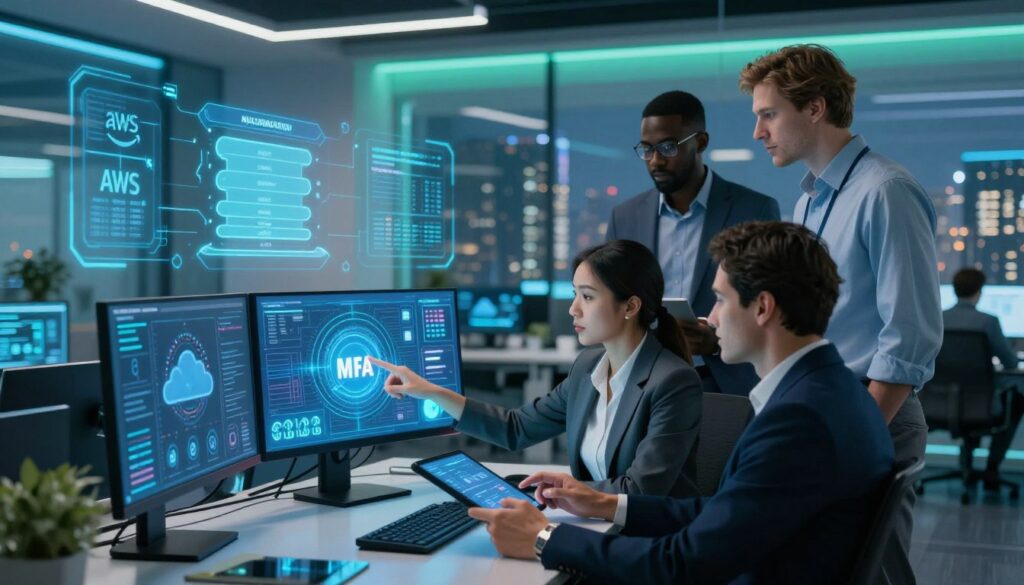 A futuristic office space featuring a central digital interface displaying vibrant graphics of multi-factor authentication (MFA) and access control metrics. In the foreground, a diverse group of three professionals in modern business attire collaborate around a sleek workstation. One is a woman of Asian descent, pointing at the screen, while two men—one Black and the other Caucasian—discuss data on tablets. The middle ground includes high-tech monitors showcasing security layers and cloud symbols representing AWS, Azure, and GCP. In the background, soft blue and green lighting bathes the room, creating a focused and secure atmosphere. A panoramic view of a city skyline through a glass wall suggests a digital hub, emphasizing innovation and security in cloud environments. The scene feels modern, collaborative, and secure.