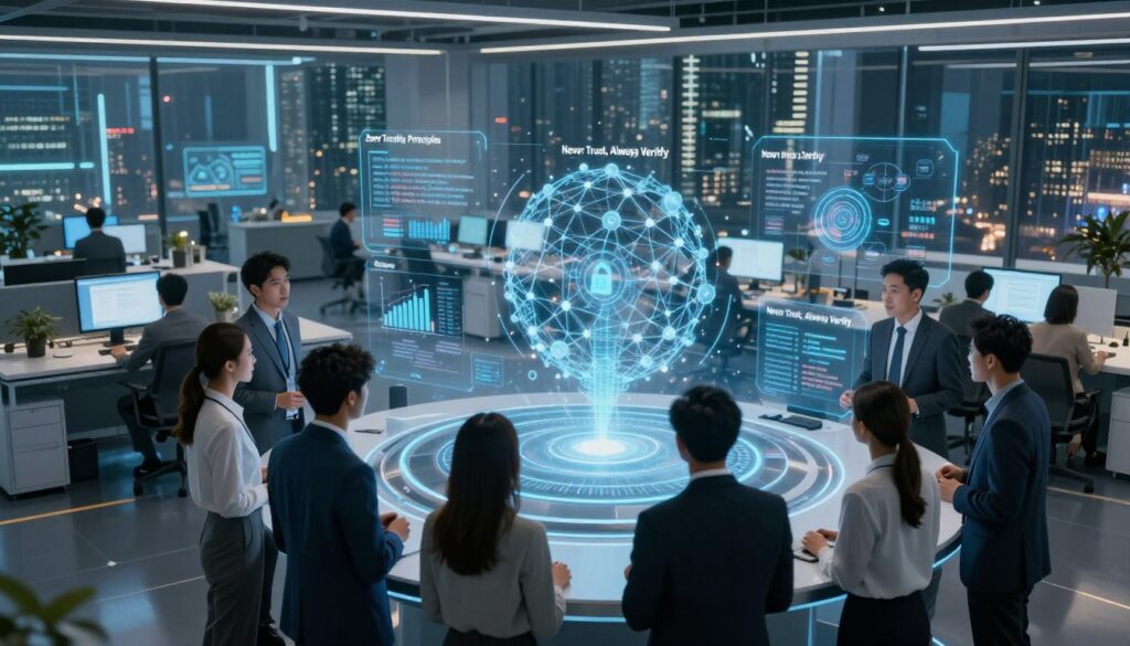 A futuristic office space representing the concept of "Zero Trust Security Principles." In the foreground, a diverse group of professionals in smart business attire are engaged in a discussion around a digital interface displaying security network diagrams and principles like "Never Trust, Always Verify." The middle layer features sleek, modern technology like computers and holographic displays illustrating data flows and access controls. The background showcases a high-tech cityscape through large windows, conveying a sense of connectivity and innovation. Soft, ambient lighting casts a professional glow, creating an atmosphere of collaboration and vigilance. The angle is slightly elevated, capturing both the individuals and the technological elements harmoniously, suggesting a proactive approach to security.