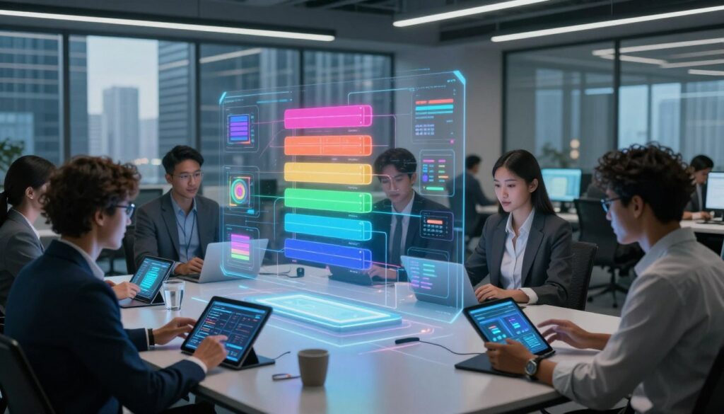 A futuristic office workspace showcasing the concept of composable architecture. In the foreground, a diverse group of professionals, dressed in smart business attire, collaborates over modular software components displayed on sleek digital tablets. The middle ground features transparent, holographic interfaces that represent various software layers, each interchangeable with vibrant color schemes. In the background, a modern cityscape through large glass windows hints at innovation and connectivity. Soft, ambient lighting enhances the atmosphere, casting subtle reflections on polished surfaces. The angle should capture the dynamic interaction among team members, emphasizing teamwork and creativity in a digital age, evoking a sense of excitement and potential in contemporary software development.