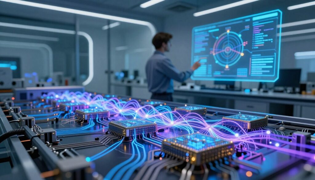 A futuristic quantum computing lab showcasing advanced technology and intricate quantum circuits. In the foreground, detailed metallic qubits and glowing light pathways illustrate quantum entanglement, with vibrant blues and purples representing data flow. In the middle, a researcher in professional attire analyzes a holographic display with data visualizations of quantum-safe algorithms. The background features sleek, glass walls revealing a high-tech environment, with soft, ambient lighting that creates a serene atmosphere. The angle captures the action from slightly below, emphasizing the majesty of innovation. The mood is one of hope and progress in cybersecurity, symbolizing the future of cryptography amidst evolving challenges.