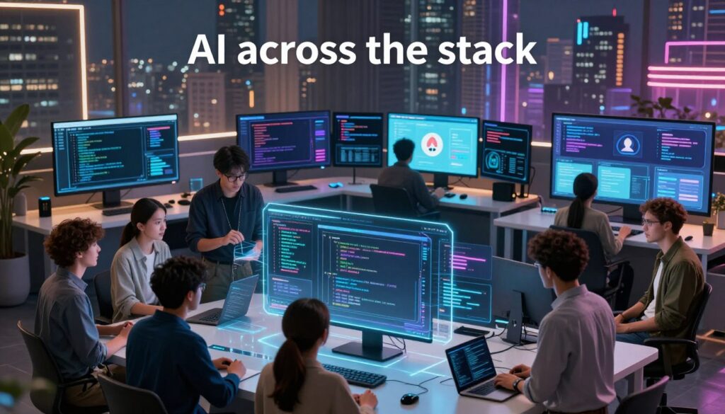 A futuristic web development scene showcasing "AI across the stack." In the foreground, a diverse group of professionals in smart casual clothing, collaborating around a holographic interface displaying code snippets, algorithms, and user data analytics. In the middle, a sleek, modern workspace filled with advanced digital screens illustrating various AI applications, like code generation and personalized user experiences. The background features a city skyline with neon lights, symbolizing technological advancement. Soft, ambient lighting casts a warm glow, enhancing a sense of innovation and teamwork. The overall mood is dynamic and forward-looking, reflecting the synergy of AI and web development in 2025.