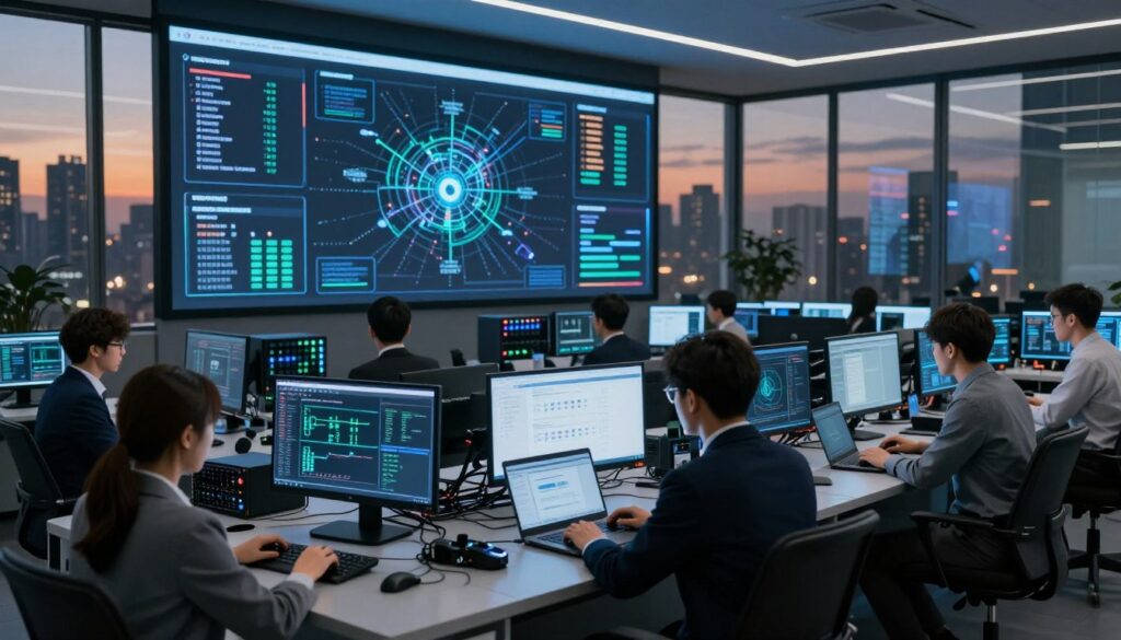 A high-tech cybersecurity operations room featuring a large digital display showcasing real-time data analytics, threat maps, and security alerts. In the foreground, a diverse team of cybersecurity professionals in smart business attire, focused and engaged with laptops and advanced security monitoring tools. The middle ground includes sleek desktops with multiple screens, bright LED indicators, and sophisticated networking equipment. The background is filled with large glass windows revealing a city skyline at dusk, casting a warm ambient glow in the room. Use dramatic lighting to emphasize the team's concentration and high-stakes environment. The overall mood is tense yet dynamic, reflecting the urgency and importance of AI in modern security operations.