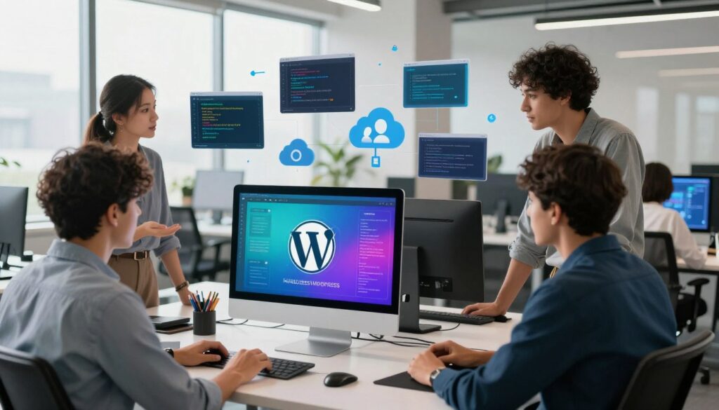 A modern, high-tech workspace featuring a sleek computer setup displaying the WordPress logo on a vibrant, colorful interface symbolizing Headless WordPress architecture. In the foreground, a diverse group of professionals in smart casual attire discussing and collaborating over the digital interface, showcasing ideas on how Headless WordPress works. The middle ground features various digital elements like code snippets, APIs, and cloud icons floating around, representing the technical aspects of headless systems. In the background, a bright office with large windows allowing natural light to pour in, creating an inspiring and innovative atmosphere. The image should have a clean, futuristic feel, with soft, welcoming lighting, evoking a sense of creativity and collaboration.