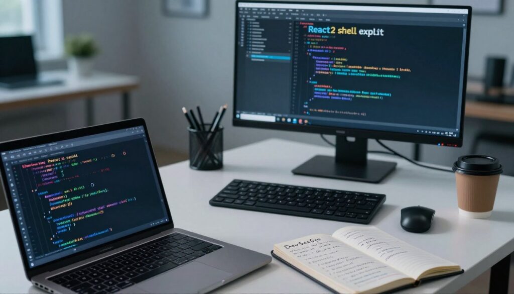 A modern, high-tech workspace showcasing a developer's desk featuring a computer screen displaying code related to the "React2 shell" exploit. In the foreground, a close-up of an open laptop with code snippets visible on the screen and a notebook filled with notes on DevSecOps strategies. The middle contains various programming tools such as a keyboard, mouse, and a coffee cup, emphasizing a focused work environment. In the background, soft, cool lighting illuminates the room to create a calm, professional atmosphere with minimal decorative elements. The overall mood should evoke a sense of urgency and alertness, ideal for cybersecurity discussions. The image should feel contemporary and technical, reflecting the current challenges in software development and security.
