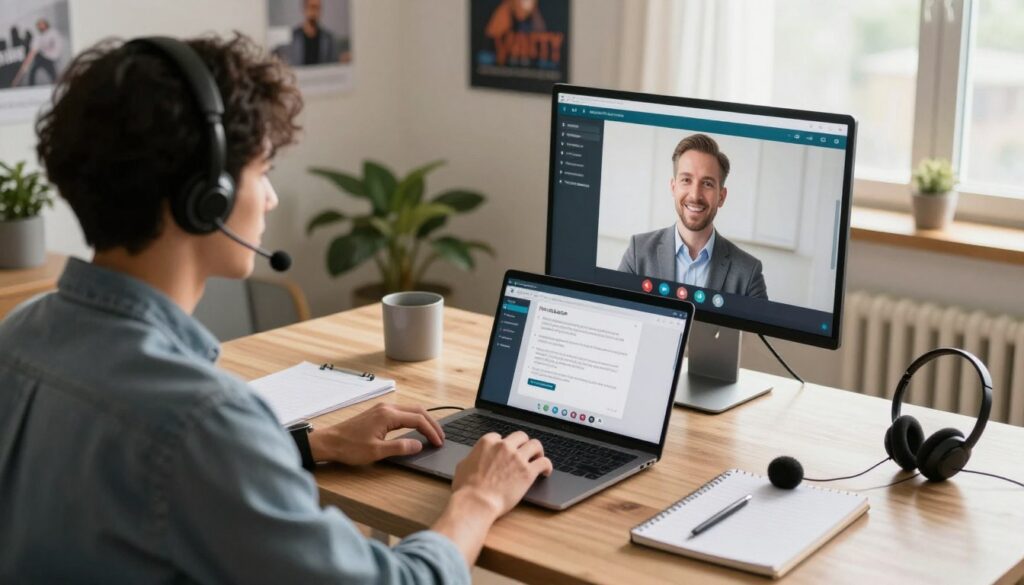 A modern home office scene illustrating remote IT support services. In the foreground, a professional-looking individual, dressed in business casual attire, is engaged in a video call on a computer, showcasing a confident and helpful demeanor. The middle layer features a sleek laptop displaying a helpdesk interface, surrounded by tools like headsets and notepads. The background reveals a well-organized workspace with motivational posters and tech gadgets, hinting at efficient service delivery. Soft, natural lighting streams through a nearby window, casting a warm glow over the scene, creating an atmosphere of professionalism and approachability. The angle is slightly angled to emphasize interaction and engagement, ensuring a clear focus on the concept of remote support.